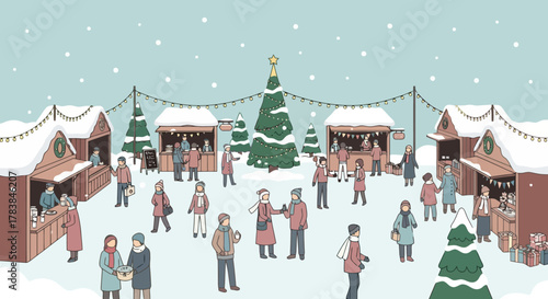 Festive Winter Market Scene with Snow Christmas Trees and People Celebrating During the Holidays