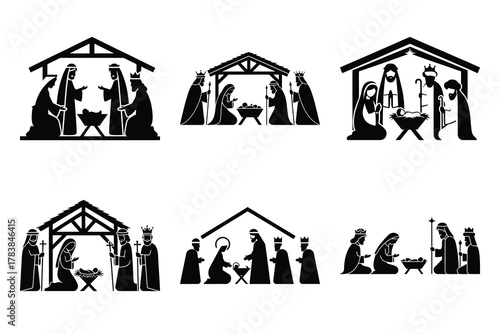 nativity scene icon set silhouette on white background