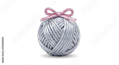 Silver Yarn Ball with Pink Bow - A Crafty and Festive Decoration.