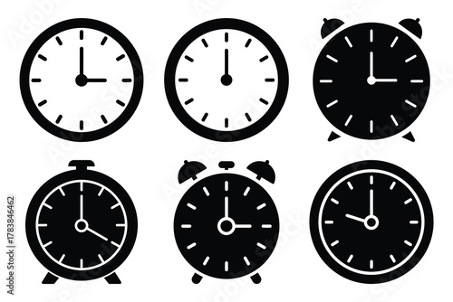 new year clock icon set silhouette on white background