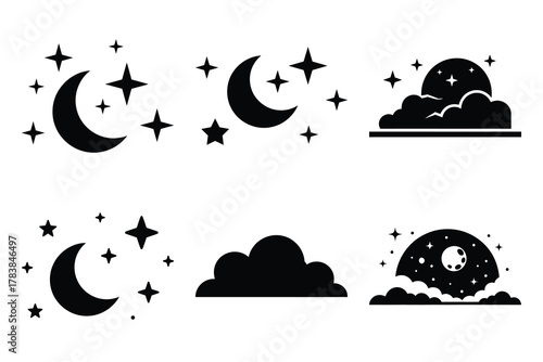 night sky icon set silhouette on white background