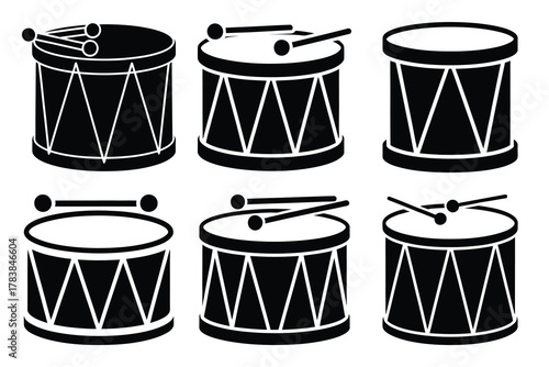 parade drum icon set silhouette on white background