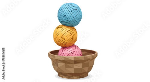 Three colorful balls of yarn stacked vertically in a wooden bowl.
