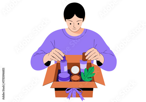 A young adult unpacks sustainable beauty products from a purple box, showcasing a modern, eco-friendly lifestyle. Clean, bright, and inviting.