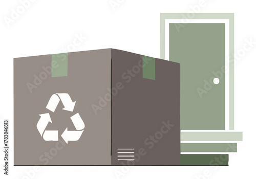 A stylized box with a 'Green Pack Ease' logo and recycling symbol is placed near a green door. Clean, modern illustration style. Suitable for eco-friendly branding.