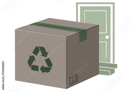 A stylized, green-pack ease shipping box sits near a doorway. The box features a recycling symbol and ?Green Pack Ease? text. Clean, modern illustration.