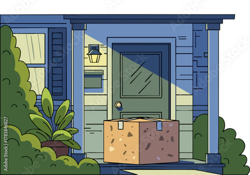 A stylized illustration depicts a delivery box on a porch, illuminated by a warm glow.  Modern, inviting, and perfect for eco-friendly themes.