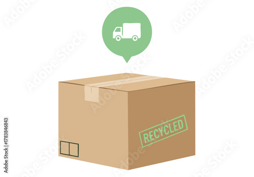 stylized illustration depicts a green delivery truck dropping off a recycled cardboard box Clean modern design with a focus on sustainability and logistics Perfect for eco-friendly themes