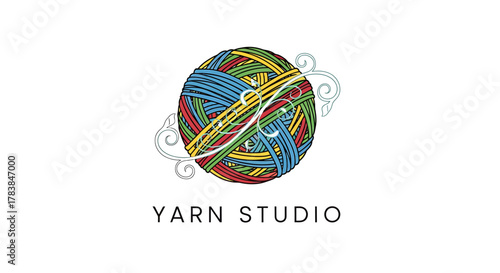 Yarn Studio logo design featuring a multicolored ball of wool.