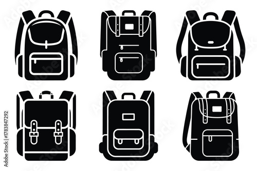 travel backpack icon set silhouette on white background