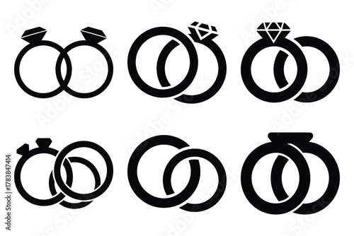 wedding rings icon set silhouette on white background