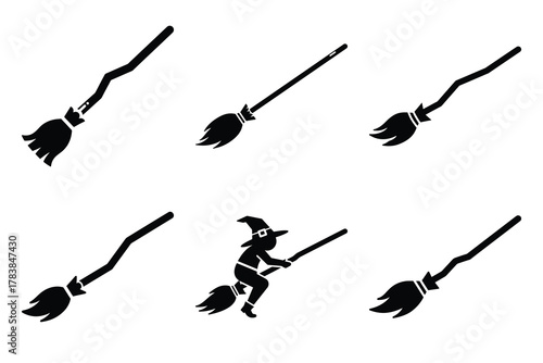 witch broom icon set silhouette on white background