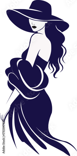 Illustration of elegant woman in hat and dress
