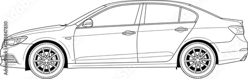 Four-door sedan side view vector, black and white technical drawing, automotive design sketch, car blueprint illustration, engineering graphic, stock artwork