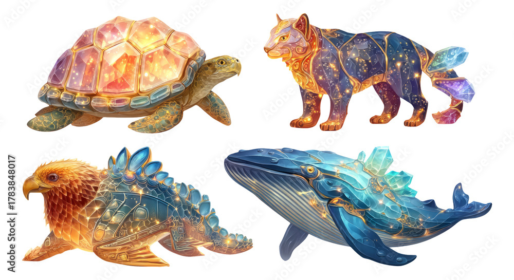 Fototapeta premium Colorful Illustrations of Detailed Animals with Crystals on Isolated Background