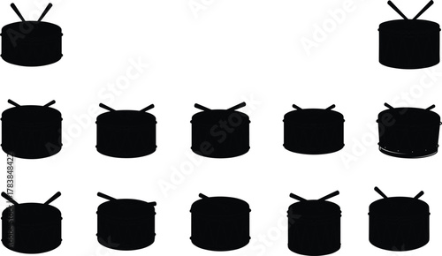 Drum illustration vector, percussion instrument artwork, snare drum with drumsticks, music equipment silhouette, rhythm design clipart, concert band element, black isolated graphic