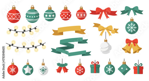 Vibrant Christmas Ornaments Ribbons Bells and Lights Collection for Festive Holiday Design and Decor