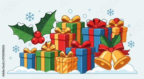 Festive Christmas Gifts Pile with Holly and Bells on Snow Winter Holiday Celebration Background