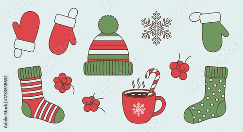 Cozy Winter Holiday Icons Set Mittens Hat Snowflakes Hot Cocoa Stockings Berries Festive Christmas New Year Graphics for Seasonal Design Projects