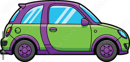 Green cartoon car vector, purple accent vehicle, playful compact design, kids illustration, colorful transport icon, children’s graphic, stock artwork