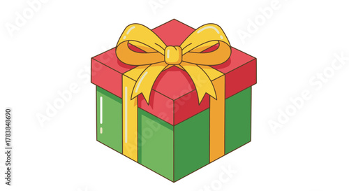 Festive Red and Green Gift Box with Golden Yellow Bow Isolated on White Background Perfect for Holidays and Celebrations
