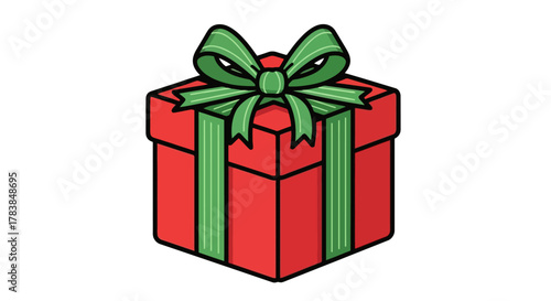 Festive Red Gift Box with Green Ribbon and Bow Isolated on White Background Perfect for Holiday and Celebration Designs