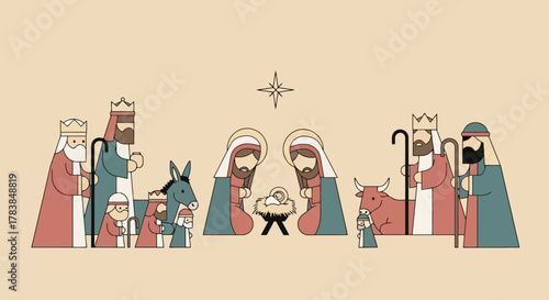 Nativity Scene Illustration The Birth of Jesus with Three Wise Men Shepherds Animals and the Star of Bethlehem