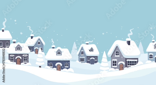 Cozy Winter Village Scene with Snow Covered Houses and Falling Snow