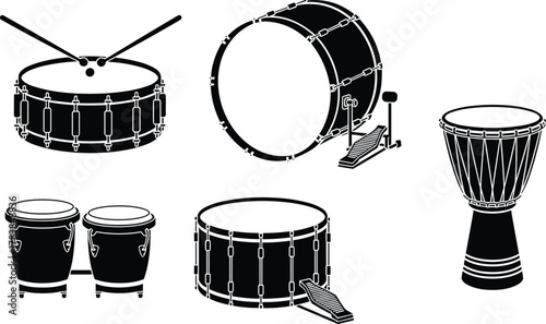 Drum set illustration, percussion instrument vector, snare drum artwork, bass drum design, djembe clipart, conga drum silhouette, music rhythm graphic, concert band element