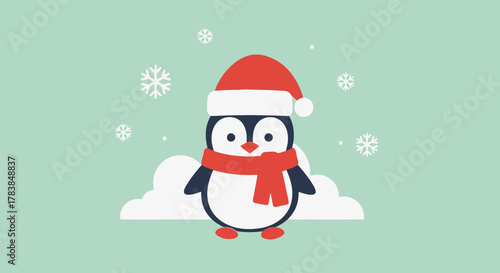 Cute Cartoon Penguin Wearing Santa Hat and Scarf Falling Snowflakes Winter Holiday Season Illustration