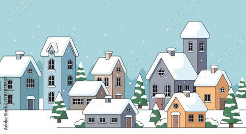 Charming Winter Village Scene with Snow Covered Houses and Evergreen Trees
