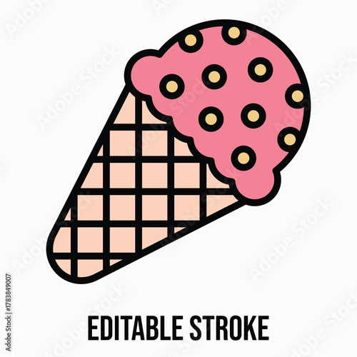 Strawberry Ice Cream Cone with Waffle Texture and Sweet Topping Isolated Vector Lineal Colour Style Icon Editable Stroke.