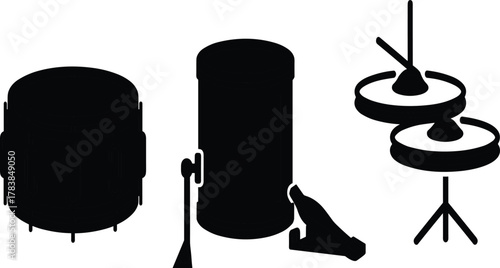 Drum set illustration, percussion instrument vector, snare drum artwork, bass drum design, hi-hat cymbal clipart, music rhythm graphic, concert band silhouette