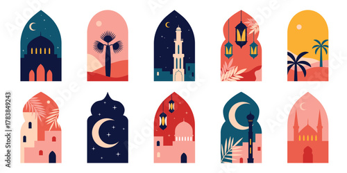 Islamic windows and arches in oriental style. Elements of Arabic culture. Window views of Muslim shrines and Asian nature. Vector illustrations using Islamic symbols for Ramadan Kareem, Eid al-Adha