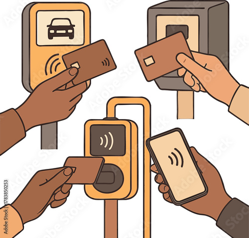 Diverse hands using contactless cards and smartphones to pay