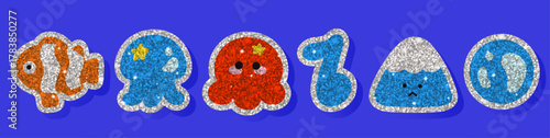 Glitter sticker collection with fish, jellyfish, octopus, water drop, and mountain shapes. Sparkly sequin texture shines with glossy highlights. Kawaii korean aquatic y2k inspired retro elements set.
