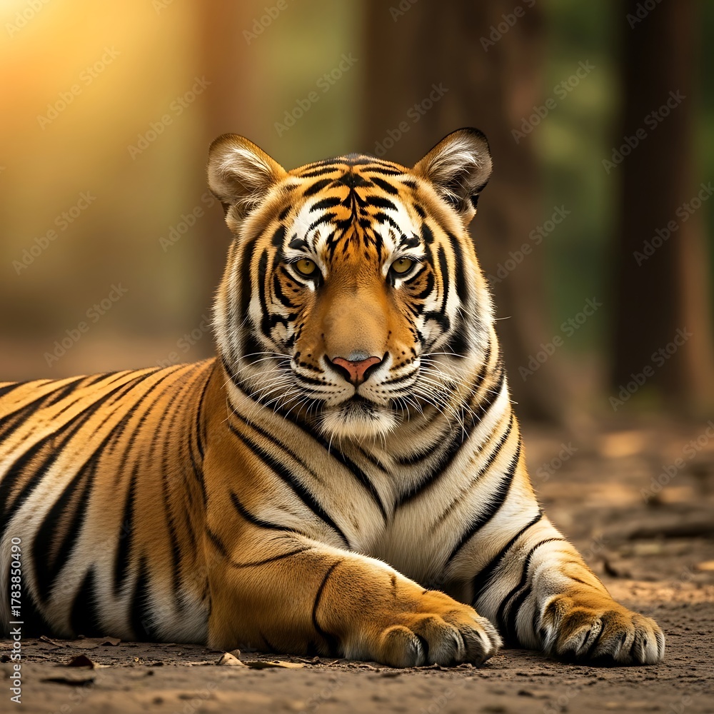 Obraz premium Tiger Resting in Shade Big Cat Lounging Bengal Tiger Portrait Predator Relaxing Wildlife Scene Animal Portrait Jungle Cat in Forest