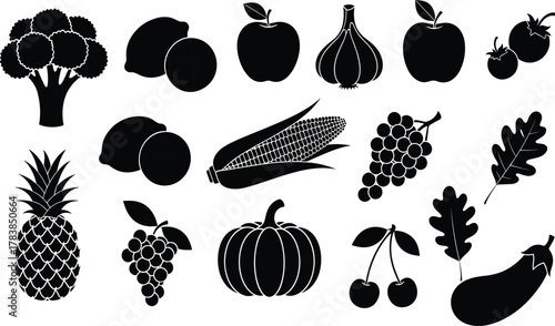 Fruit and vegetable silhouettes collection, healthy food vector illustration, black botanical shapes for diet, nutrition, organic design, kitchen, culinary themes