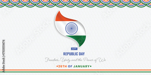 A graceful Indian Republic Day design for January 26th, featuring a unique national flag shape with Ashoka Chakra, a message of 'Freedom, Unity, and the Power of We' against a textured background
