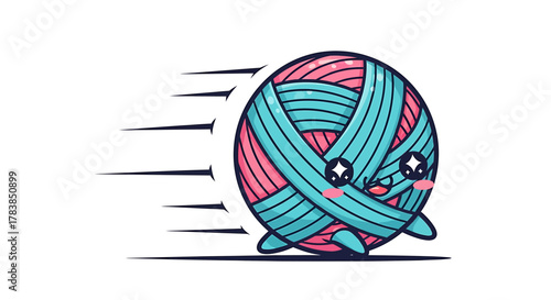A cute kawaii ball of yarn rolling at high speed cartoon illustration.