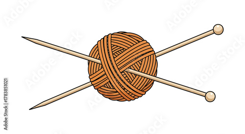 A detailed illustration of a brown yarn ball with two crossed knitting needles.