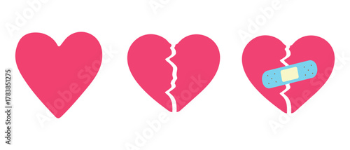 Set of Hearts Whole Broken and Repaired Illustration