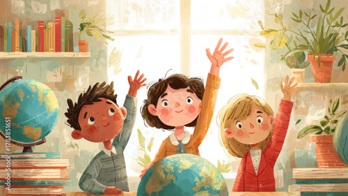 Children of diverse backgrounds raising hands in classroom with globe, joyful illustration symbolizing International Day of Education, global learning, and inclusive academic development