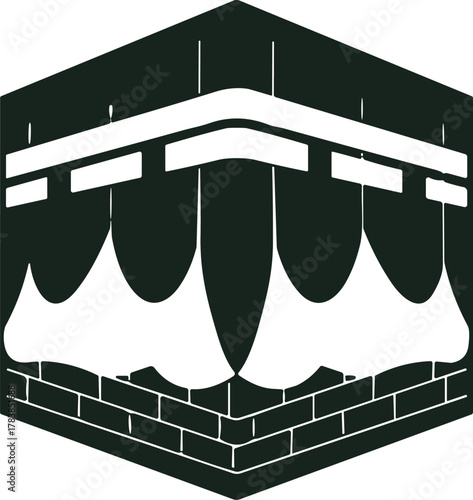 Kaaba black-and-white vector, Islamic sacred site, Mecca pilgrimage symbol, Kiswah cloth detail, religious architecture, spiritual icon, cultural design, stock art