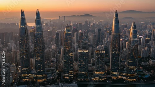 Business handshake in modern office with city skyline view