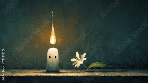Symbolic candle with glowing flame beside white flower, minimalist tribute illustration representing remembrance, grief, and hope for International Holocaust Remembrance Day.