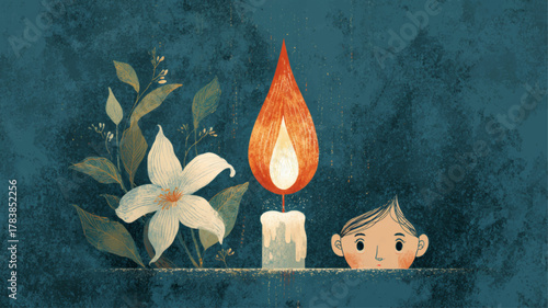Illustration of child watching candle flame beside white lily, symbolizing remembrance, empathy, and intergenerational hope for International Holocaust Remembrance Day educational awareness.