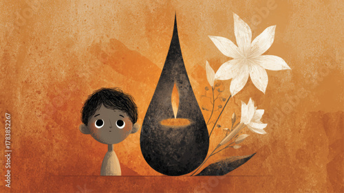 Illustration of child watching candle flame beside white lily, symbolizing remembrance, empathy, and intergenerational hope for International Holocaust Remembrance Day educational awareness.