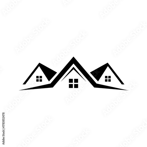 Stylized black silhouette of three house roofs with windows, forming a modern architectural logo design.