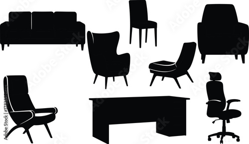 Furniture silhouettes including sofa, armchair, lounge chair, office desk, ergonomic chair, dining chair, recliner, modern seating vector illustration design